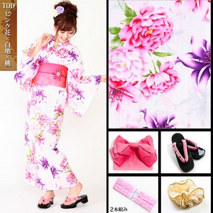 艶姫☆大人SWEET6点浴衣セットT0D(ピンク花×白地×桃)